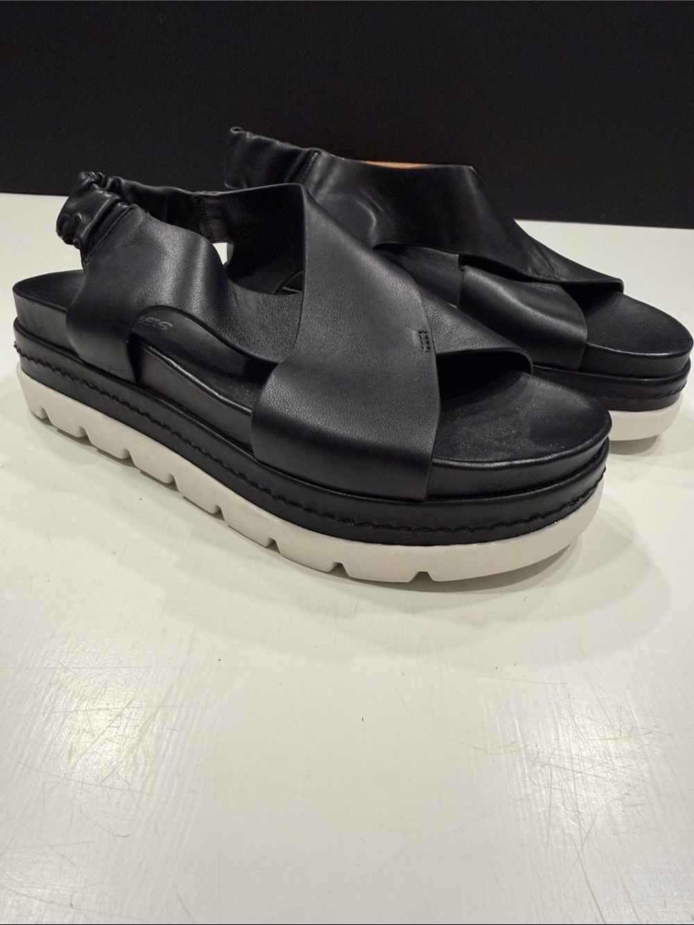 J Slides Black Leather Crossover Platform Sandal with White Sole